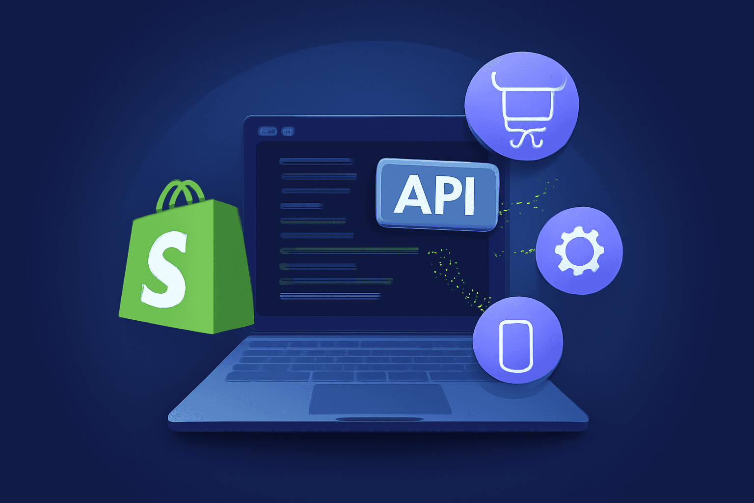 Illustration of Shopify's API system with interconnected nodes and data flows for e-commerce integration.
