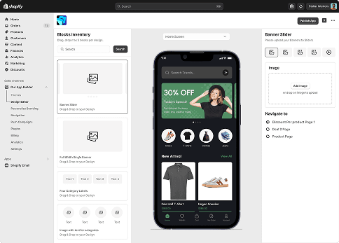 App builder interface showing banner slider and mobile preview